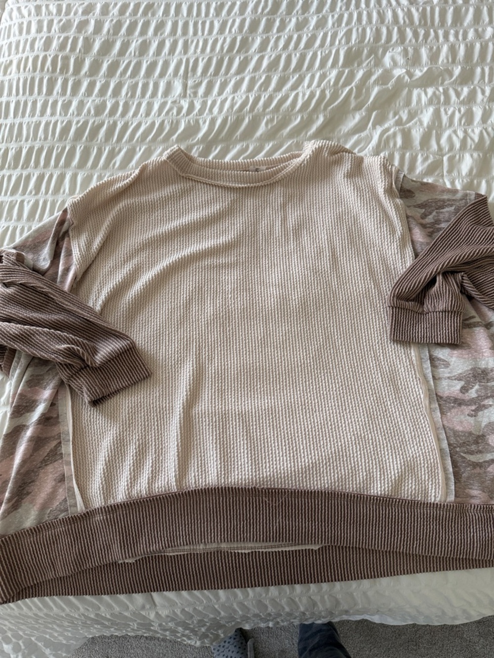 Altard State Neutral Waffle Knit Pullover with Camo Sleeve Accents
